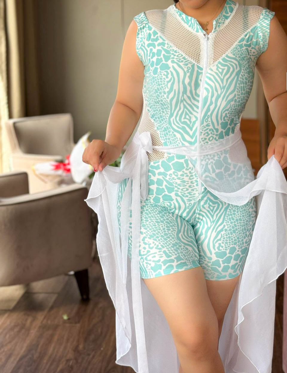 Maillot de bain 2 pièces combi vert paréo blanc NEREA