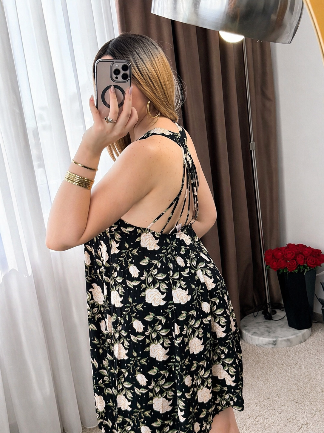 Robe noir motif a fleur beige VINAVI