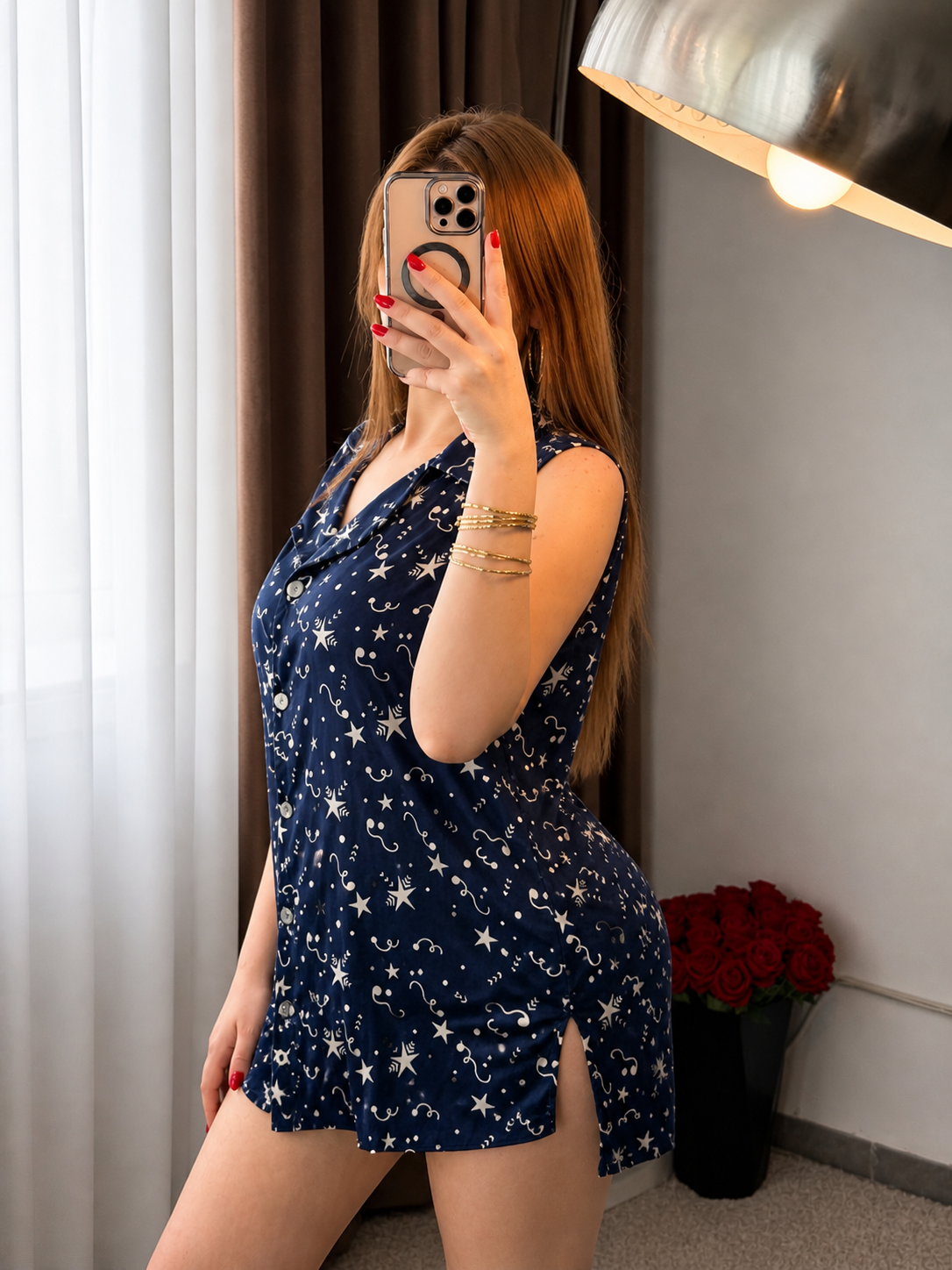 Chemise de nuit demi manche bleu a motif Etoile SALIVA