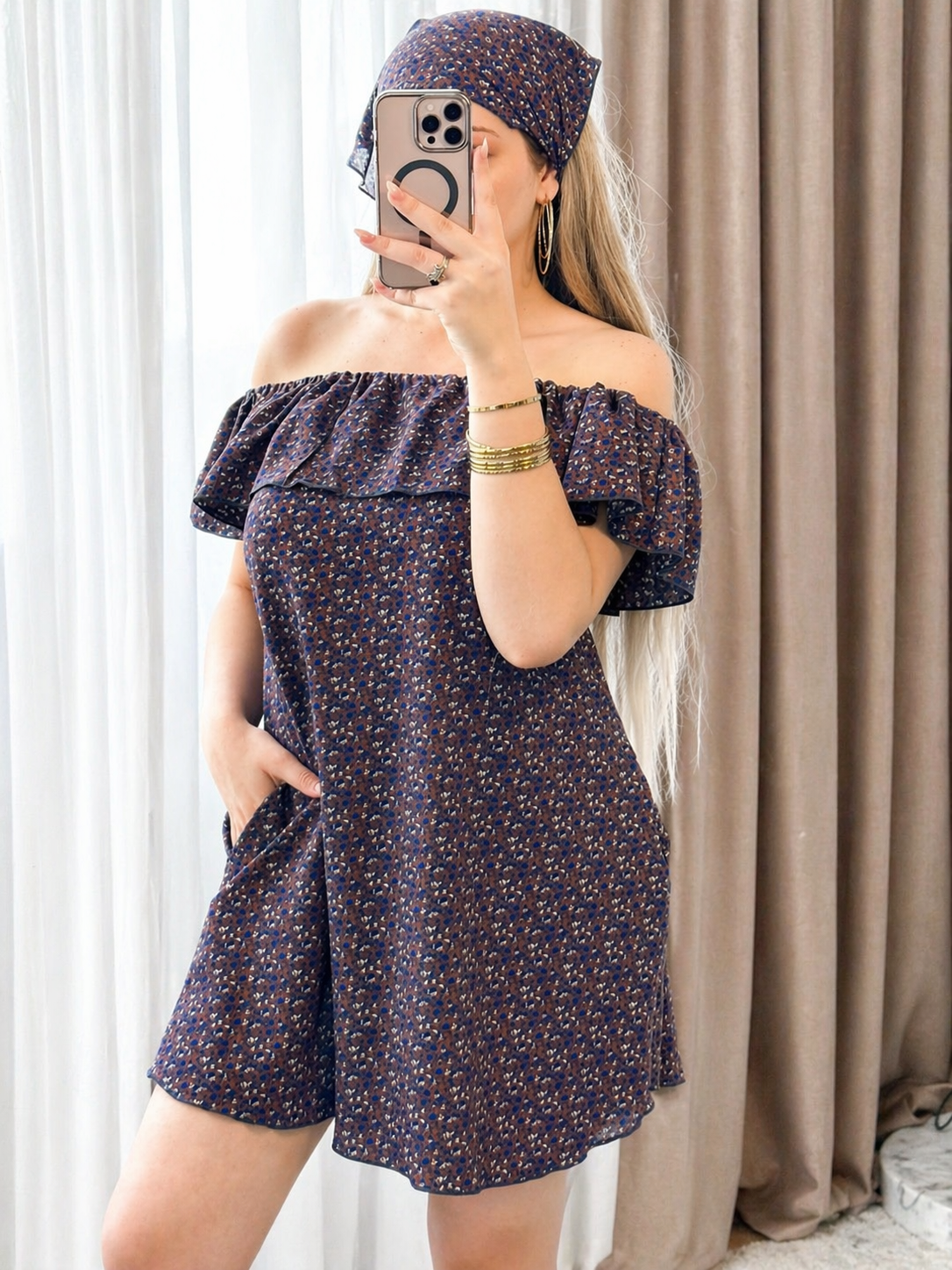 Robe 2 pièces courte à fleurs fond bleu SINATA