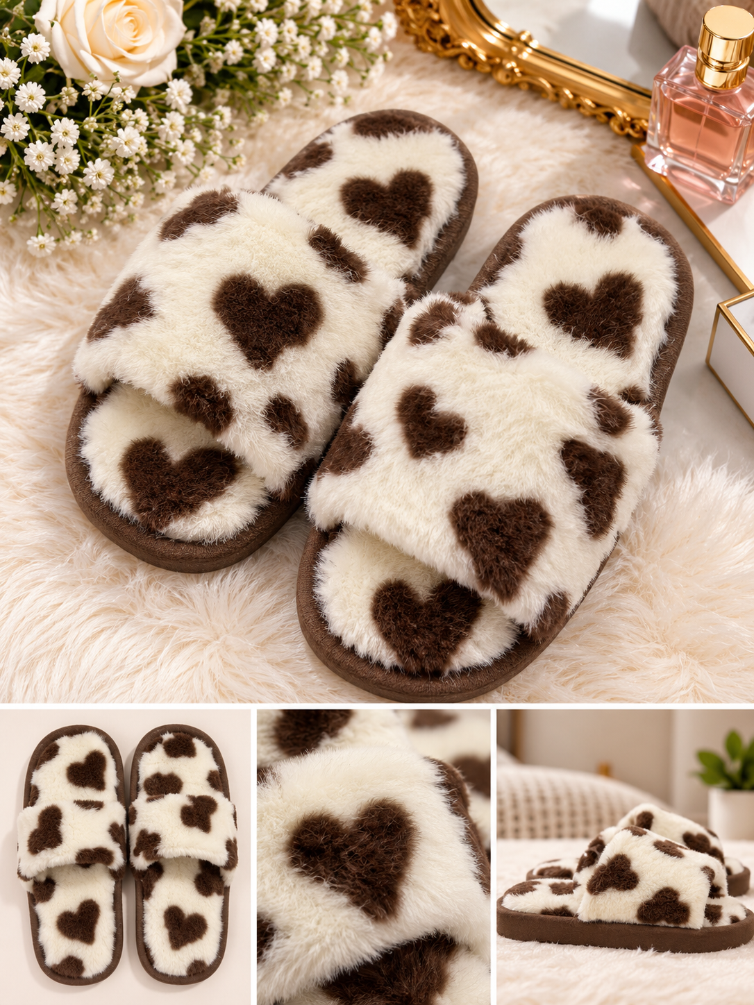 Pantoufles petits coeurs marron FONA