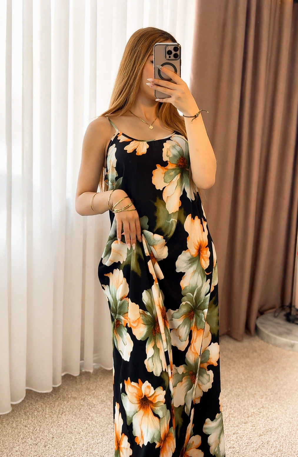 Robe noir motif a fleur vert BALI