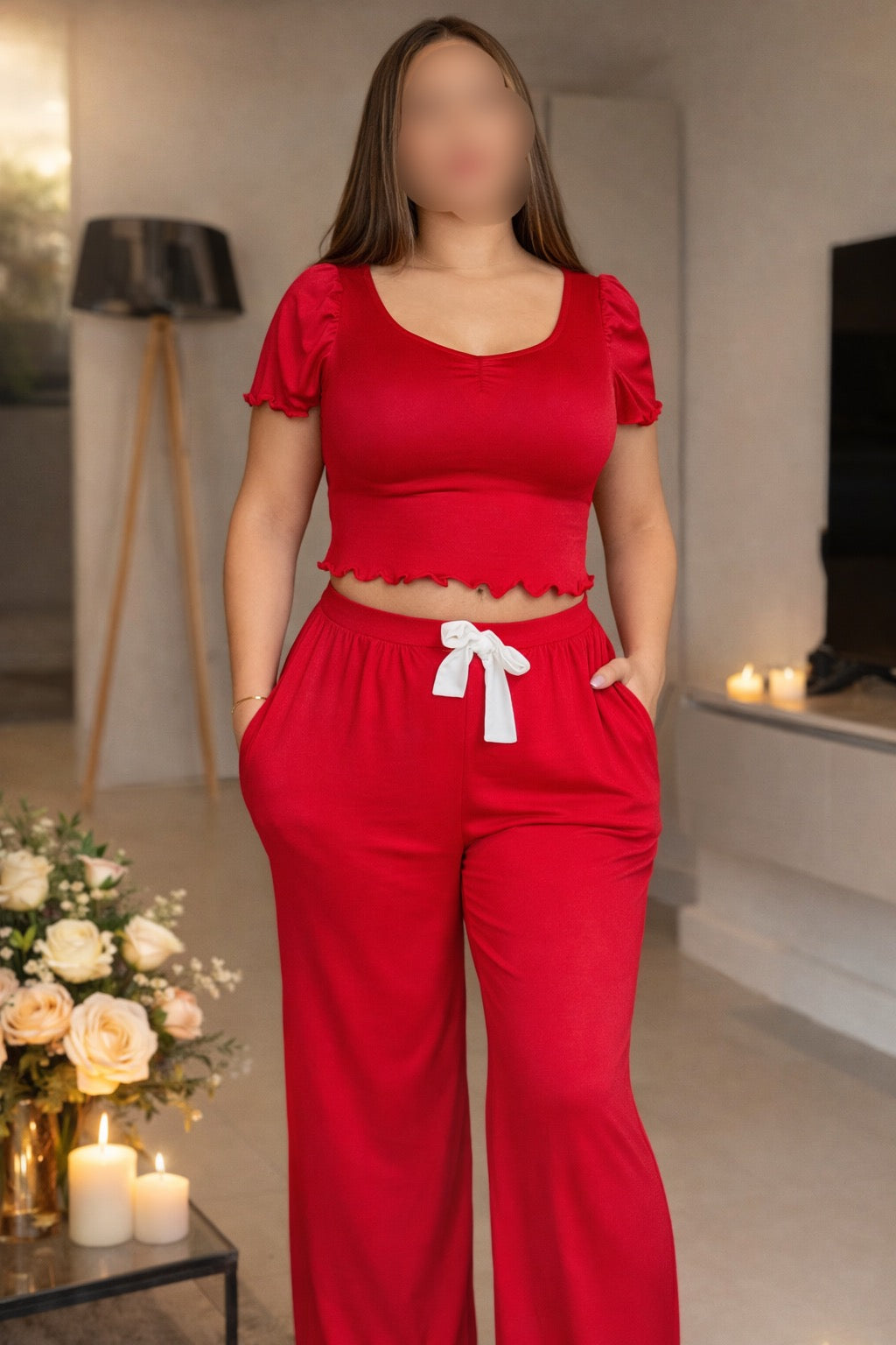 Ensemble pantalon demi manche rouge nœud blanc AGATHE