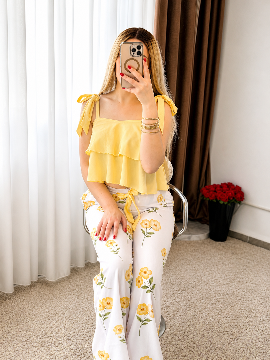 Pyjama double volant jaune pantalon a motif a fleur SPRING