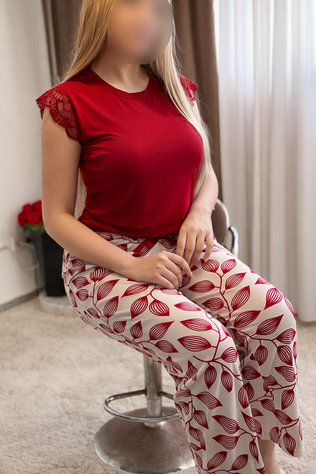 Pyjama pantalon bordeaux a motif a fleur RANIM
