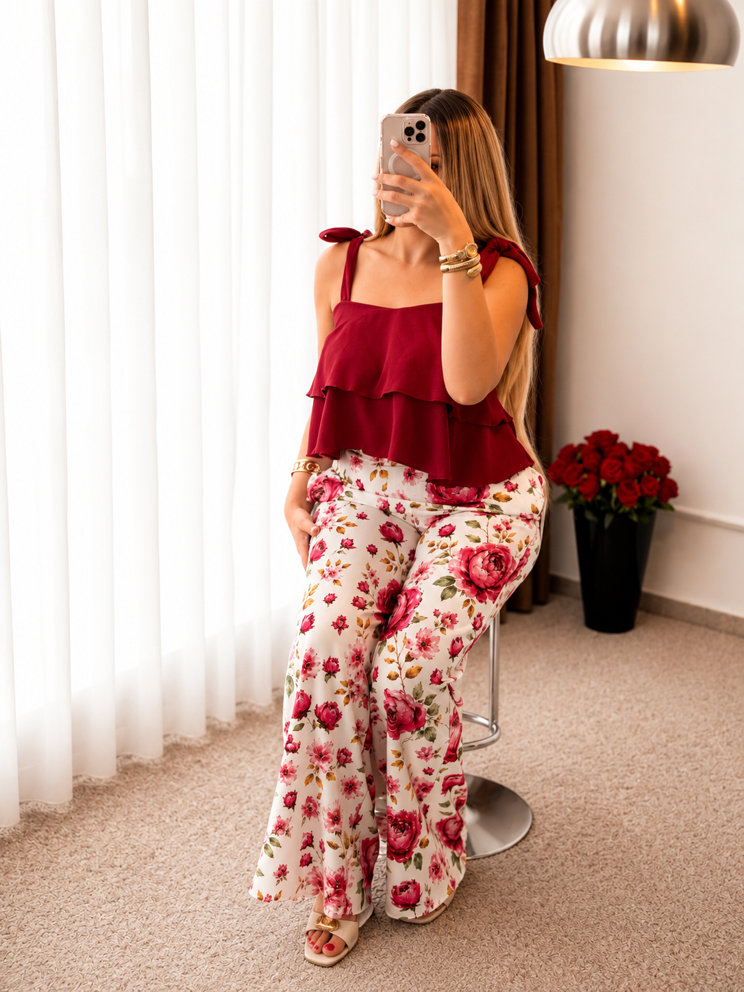 Pyjama double volant rouge pantalon blanc a motif a fleur rouge STARNIG