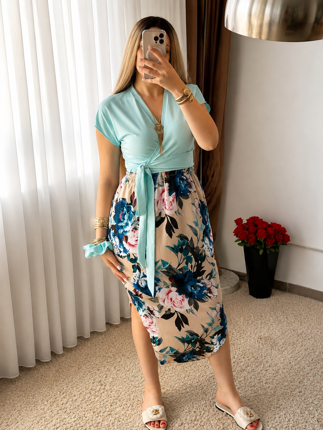 Ensemble trois pieces haut uni turquoise pantalon chelka motif à grandes fleurs bleu SELA