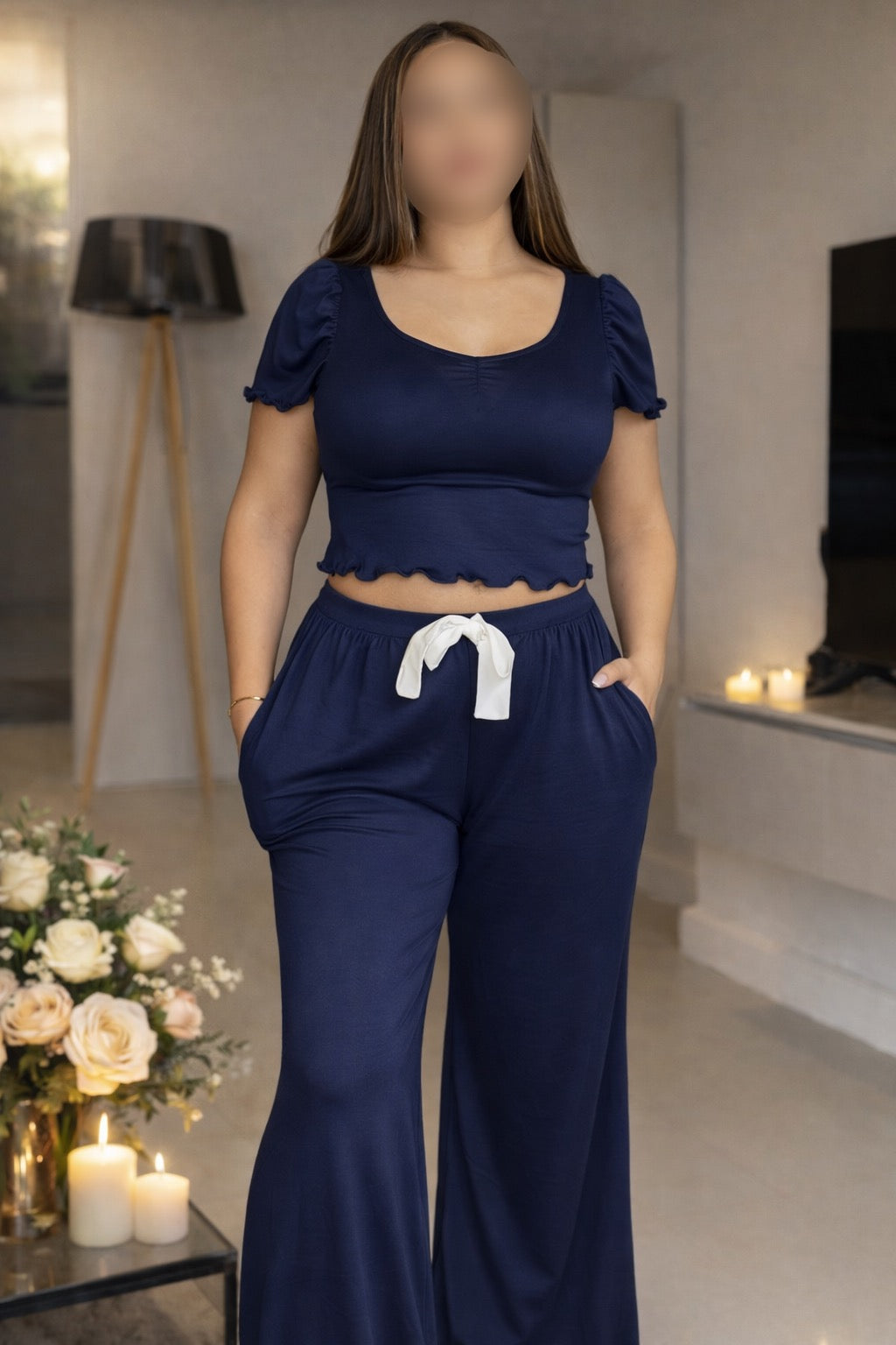 Ensemble pantalon demi manche bleu nuit nœud blanc AGATHE
