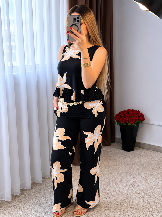 Pyjama pantalon a fleur noir BALMA