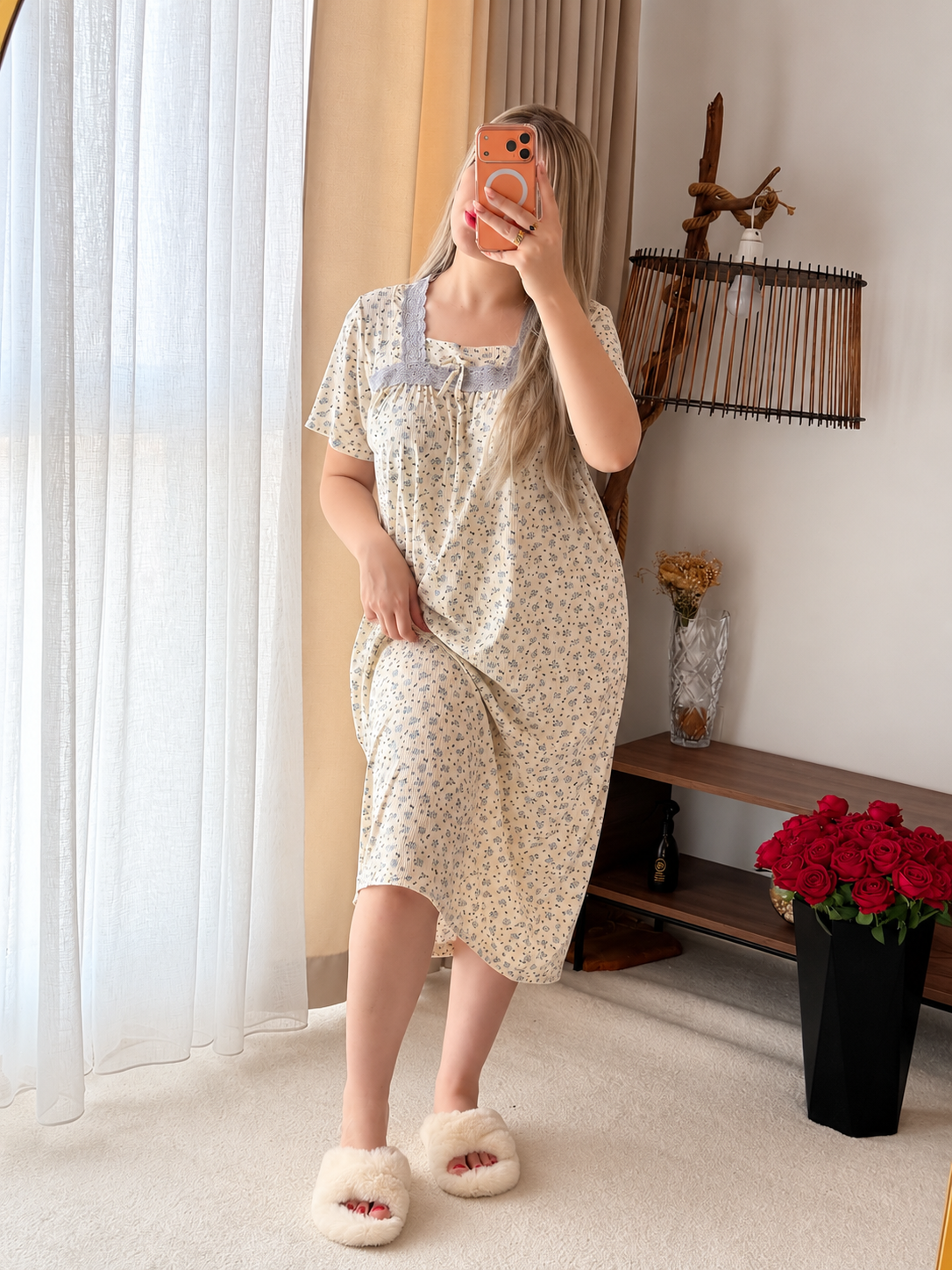 Robe nuisette blanc dentelle gris motif a fleur bleu cial WISSA