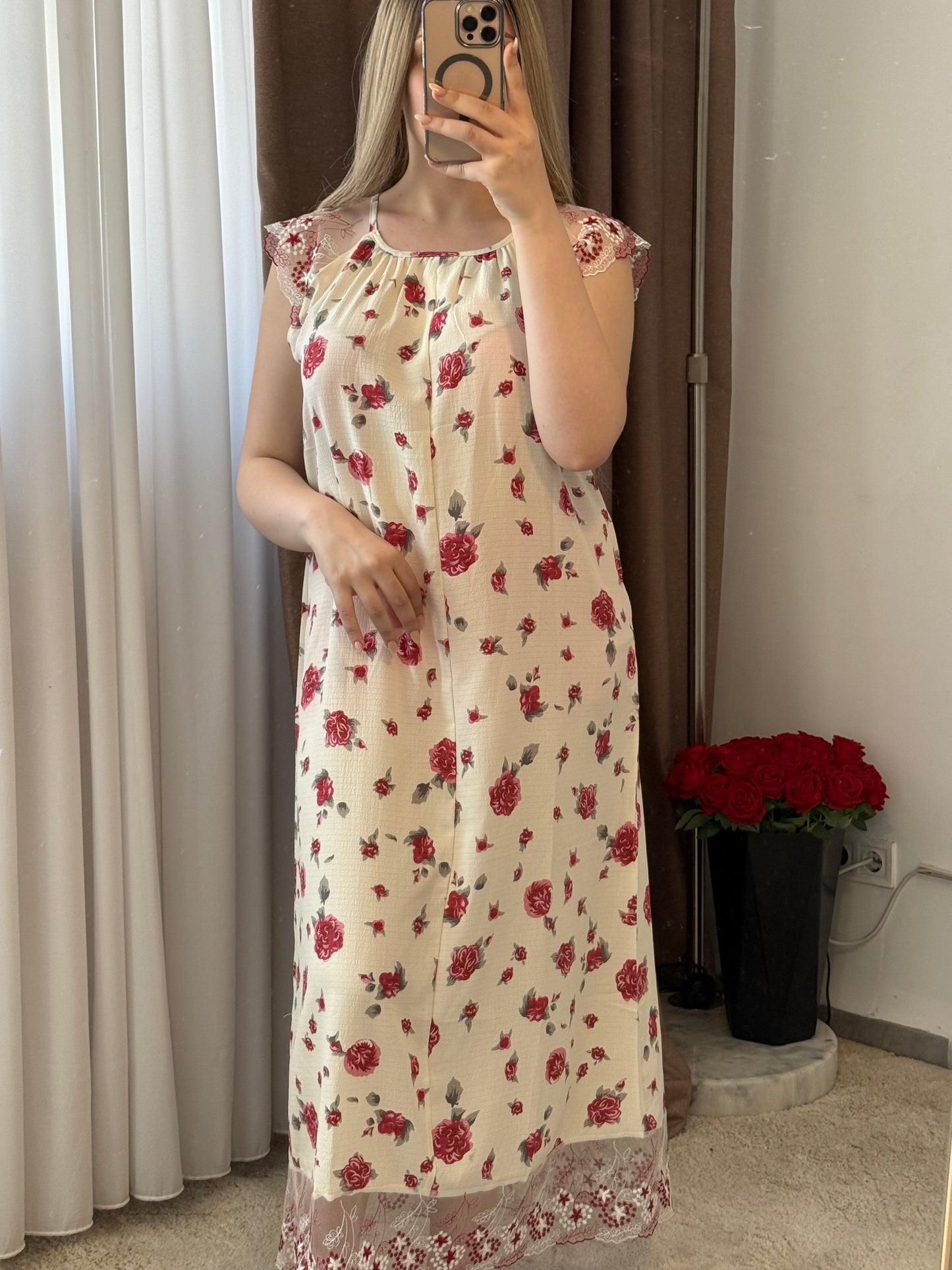 Robe nuisette beige motif a fleur rouge NISSA