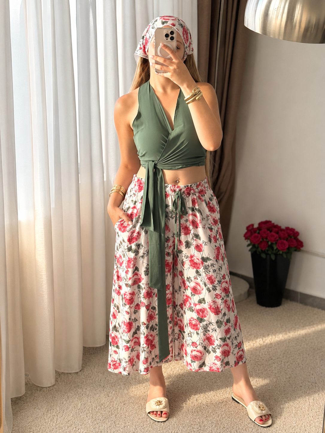 Ensemble bustier vert pantalon motif à fleur blanc PALNER