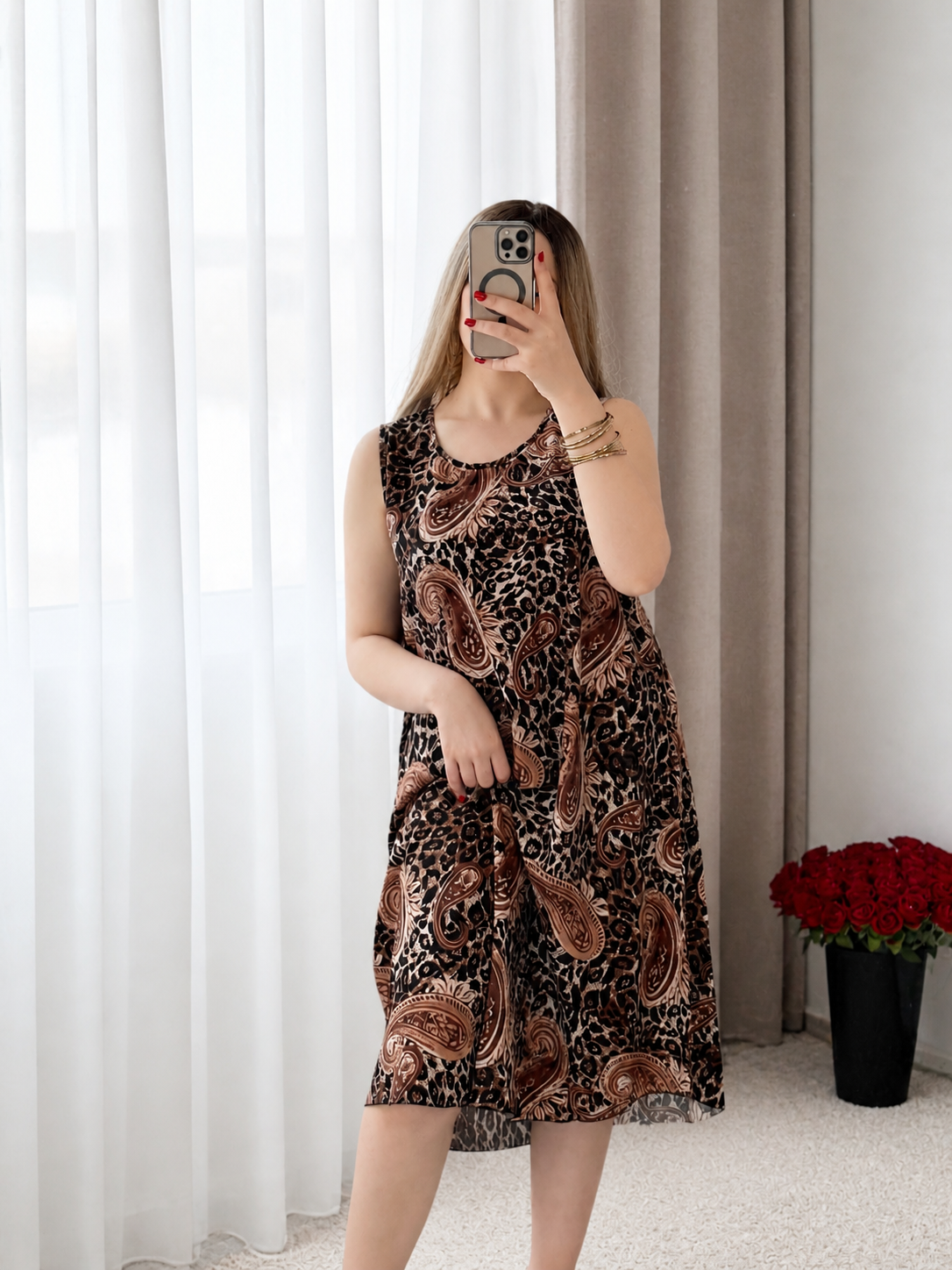 Robe nuisette noir motif léo marron BASIL