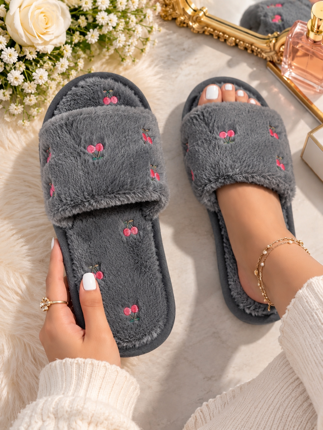 Pantoufles cerises gris PODA