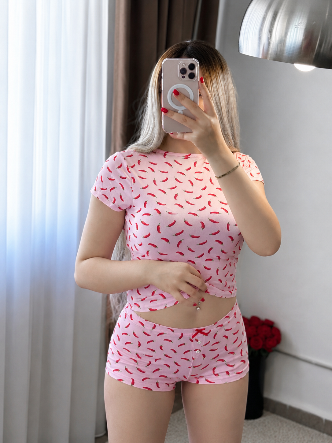 Pyjama short rose motif piment rouge JANIL