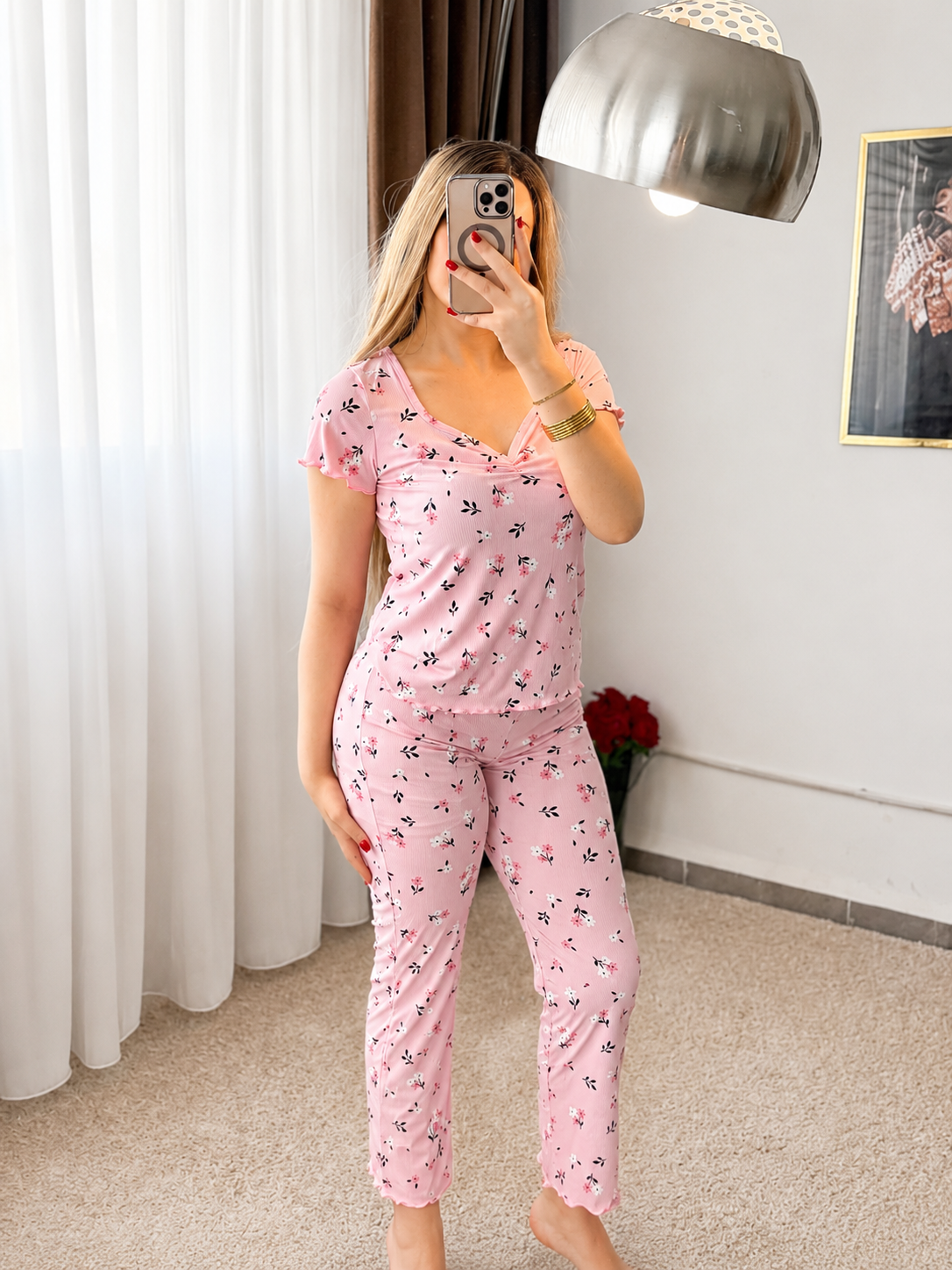 Pyjama demi manche pantalon rose motif a fleur rose MINYA