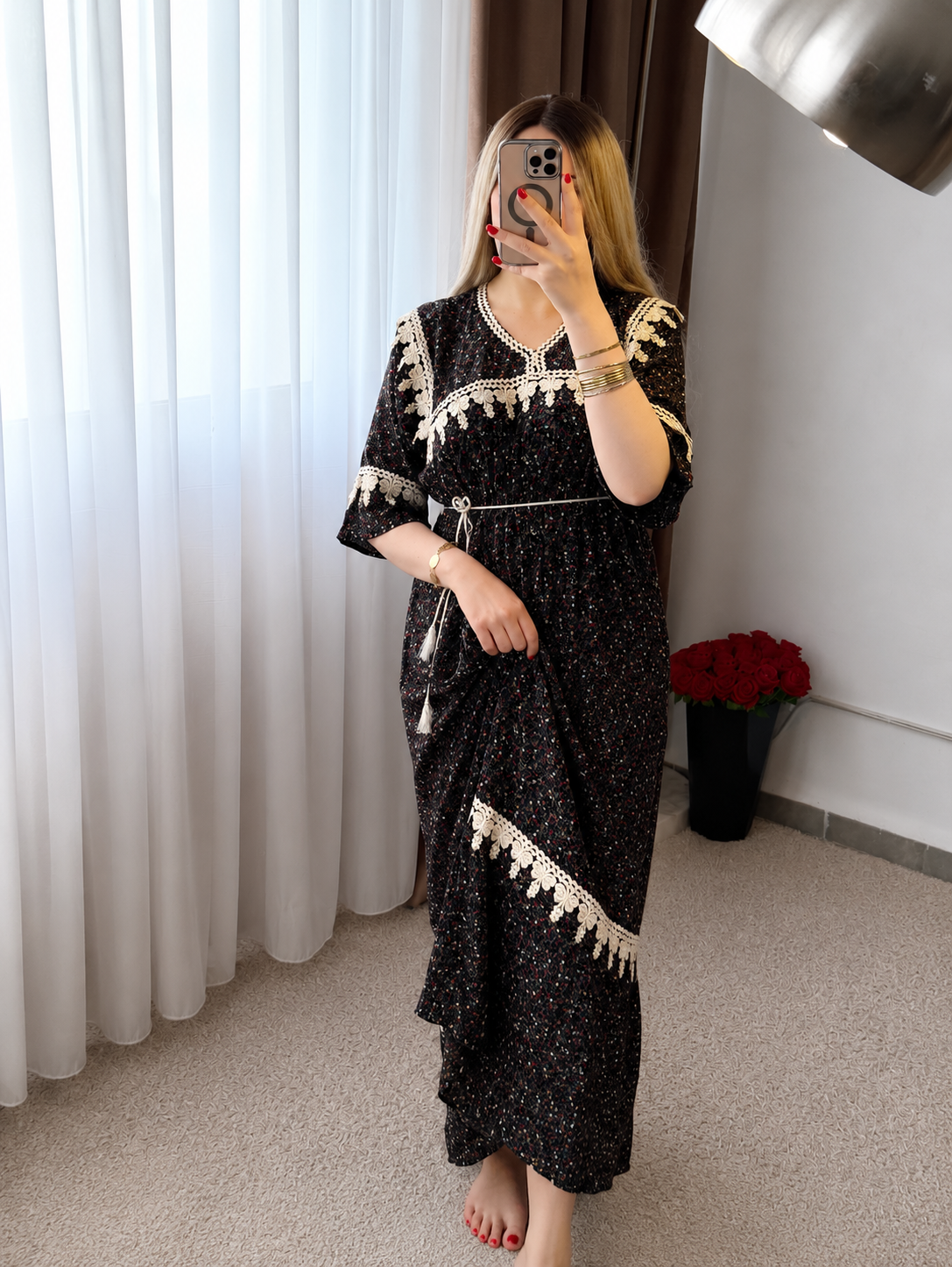 Jebba unie long noir motif a fleur KALINE