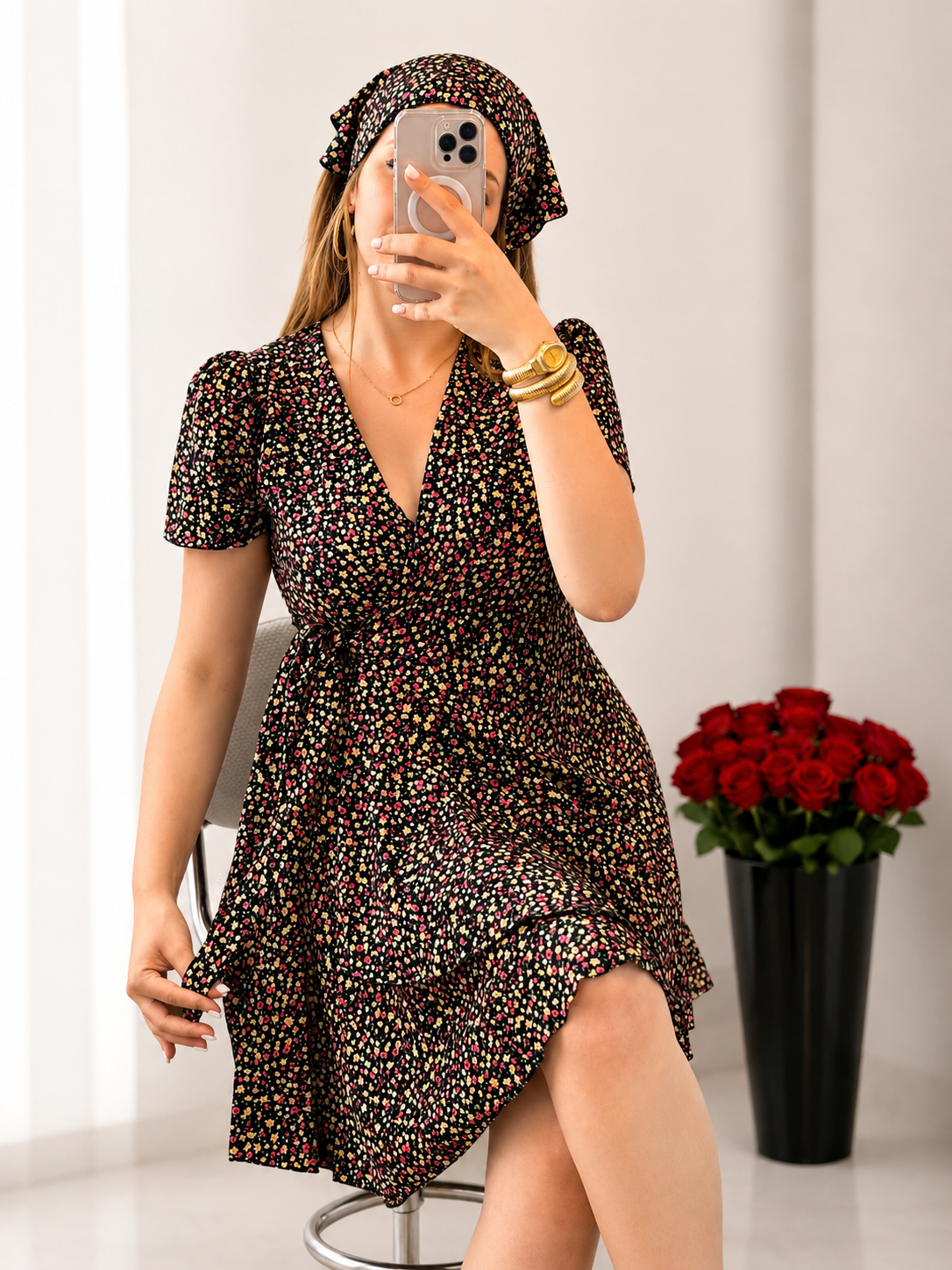 Robe 2 pièces noir à fleurs jaune SENTO