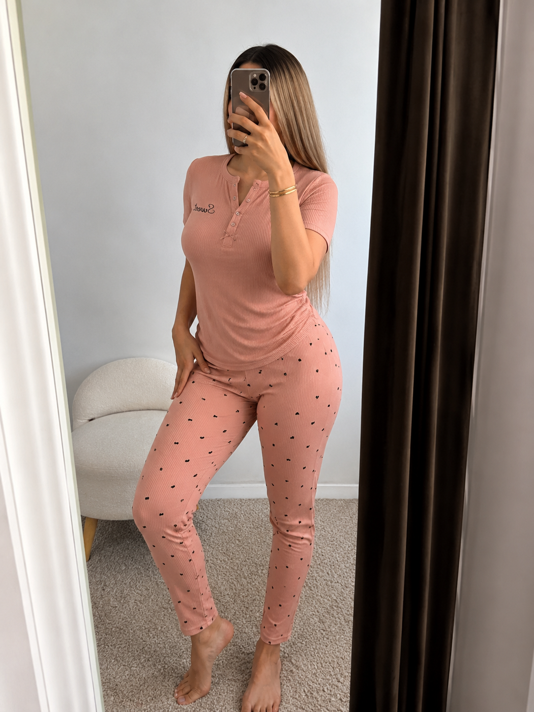 Pyjama pantalon saumon a motif petit cœur ÉLINE