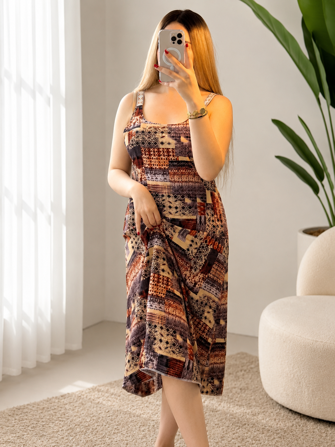 Robe nuisette gris motif patchwork marron BRILN