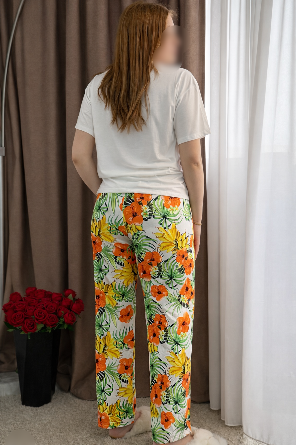 Pyjama demi manche pantalon orange a motif TROPICAL