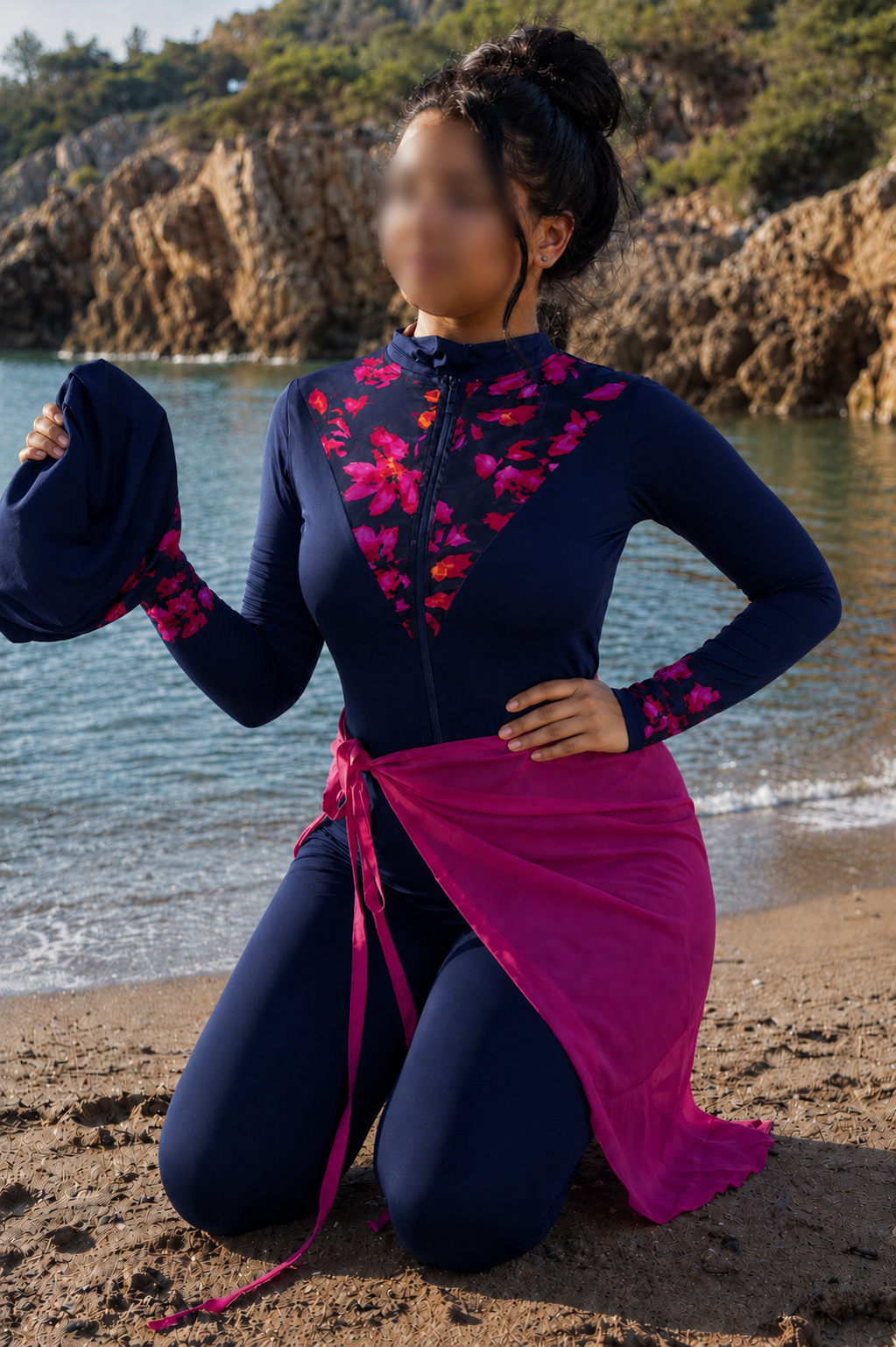 Burkini 3 pièces combinaison bleu a motif rose paréo rose LOVINA