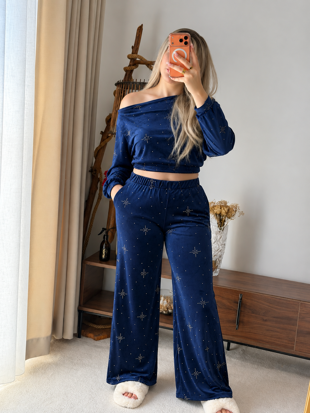 Ensemble haut pantalon OFF SHOULDER bleu nuit motif star ESTRELLA