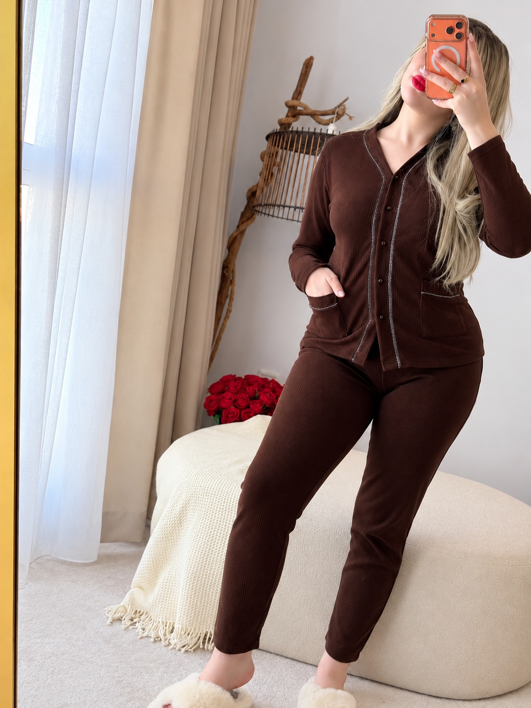 Ensemble 2 pieces haut pantalon super soft marron NASO