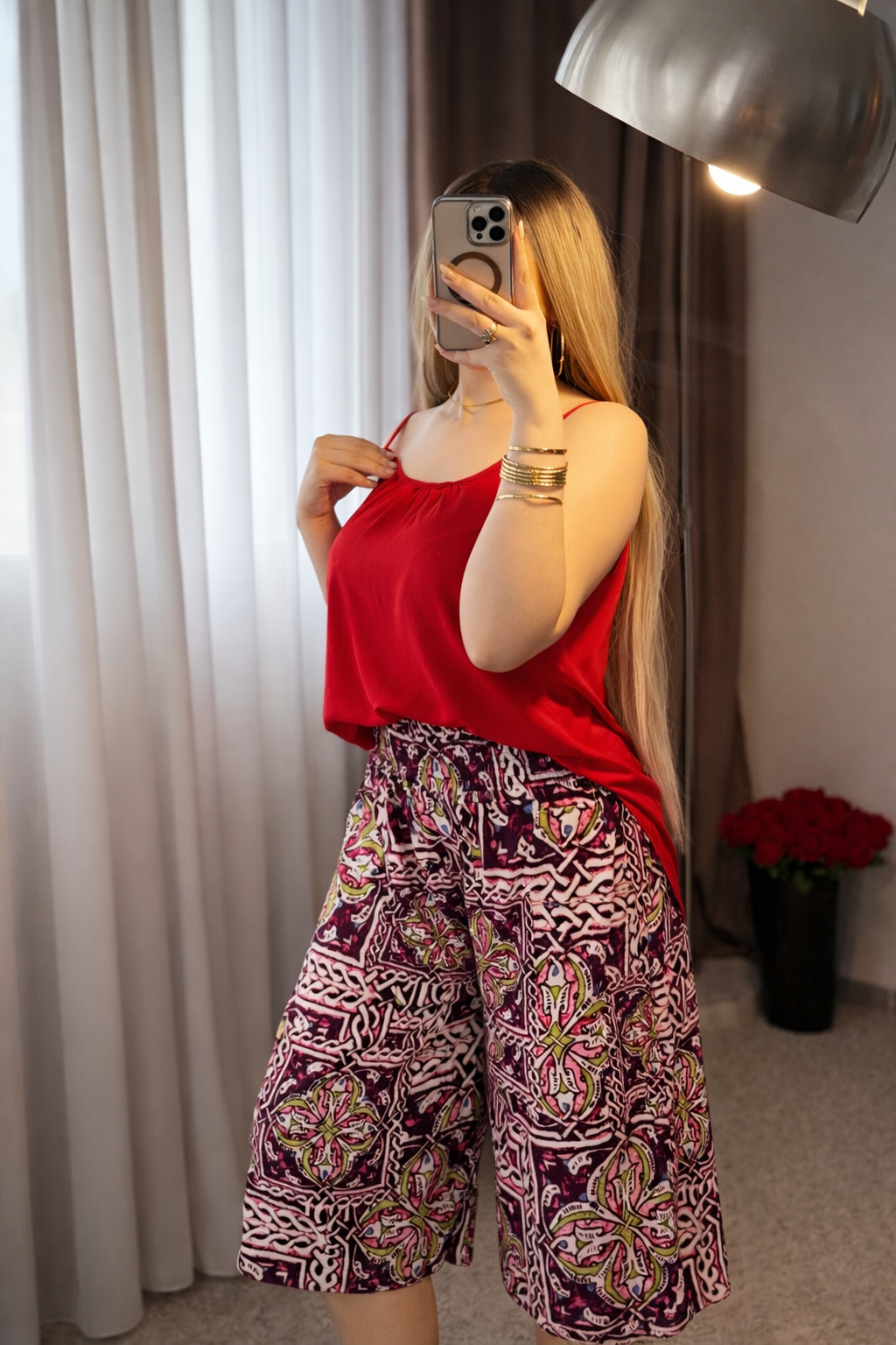 Ensemble bustier rouge pantalon motif BONI