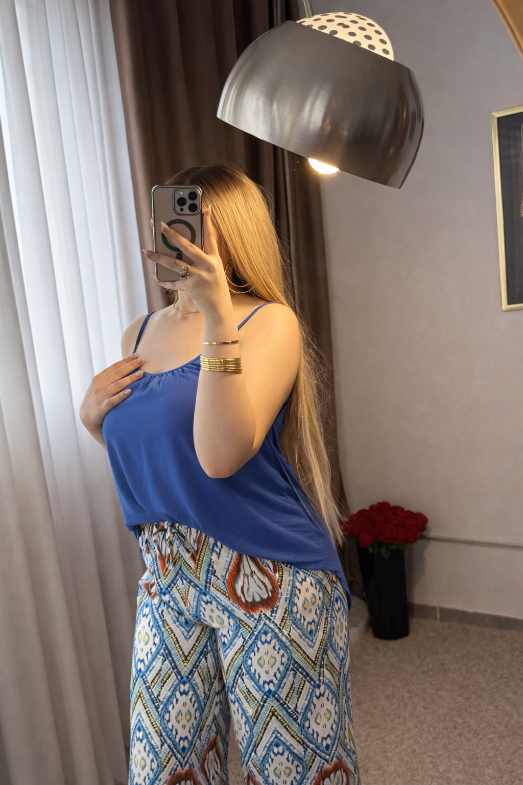 Ensemble bustier bleu pantalon motif BONI