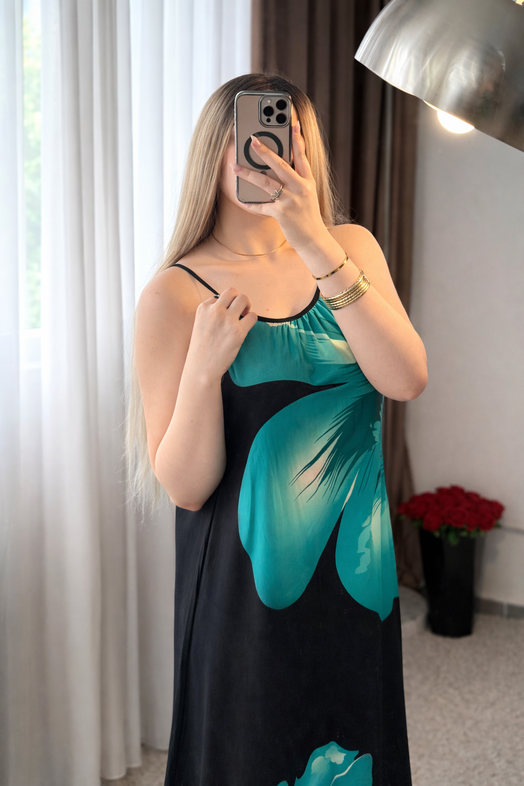 Robe noir motif a fleur vert FASTINA