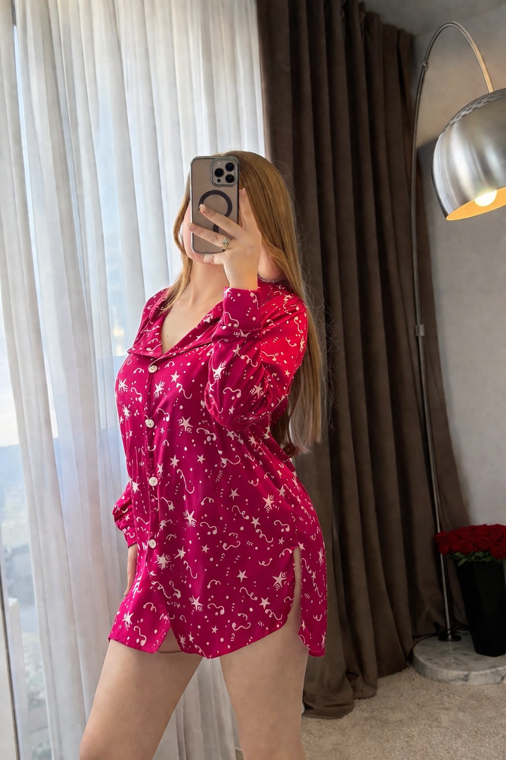 Chemise de nuit fushia a motif Etoile ESTELLA