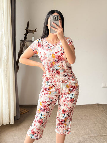 Pyjama demi-manche pantacourt rose à fleurs LYRA