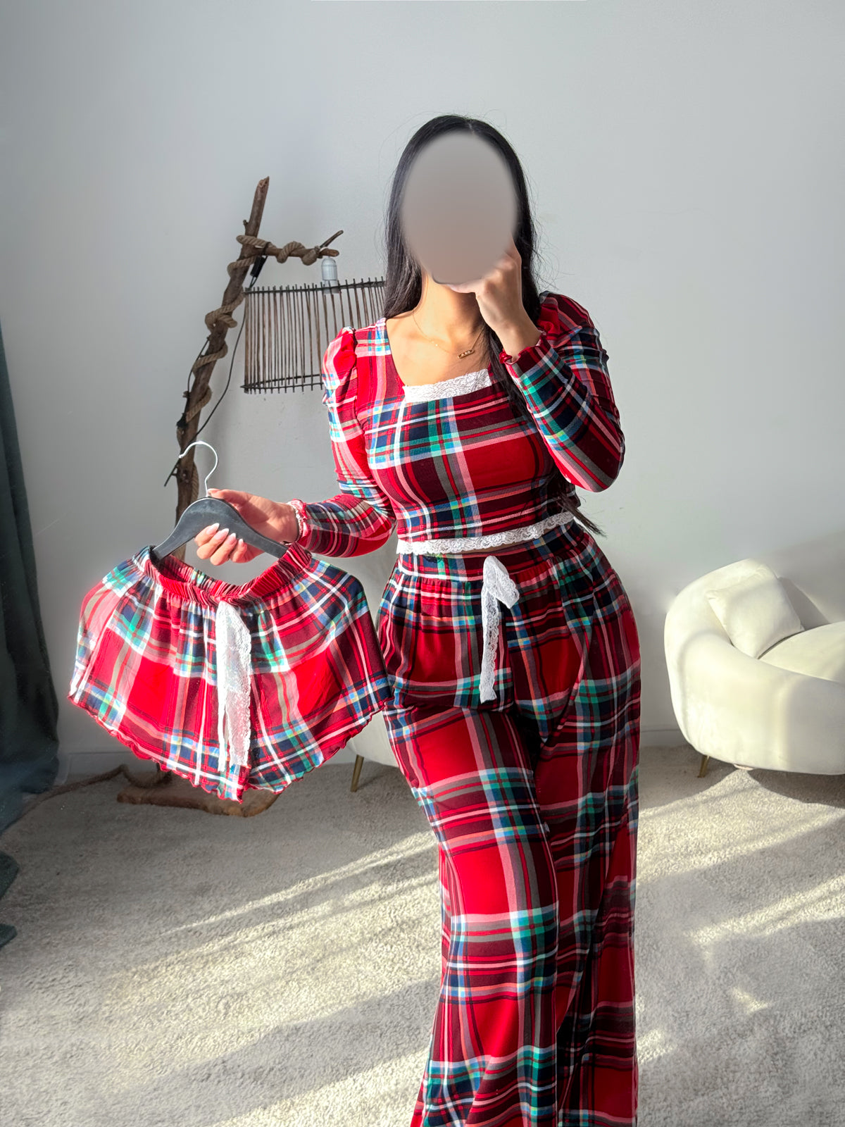 Pyjama 3 pieces crop-top grenat a rayures blanc femme JESSICA