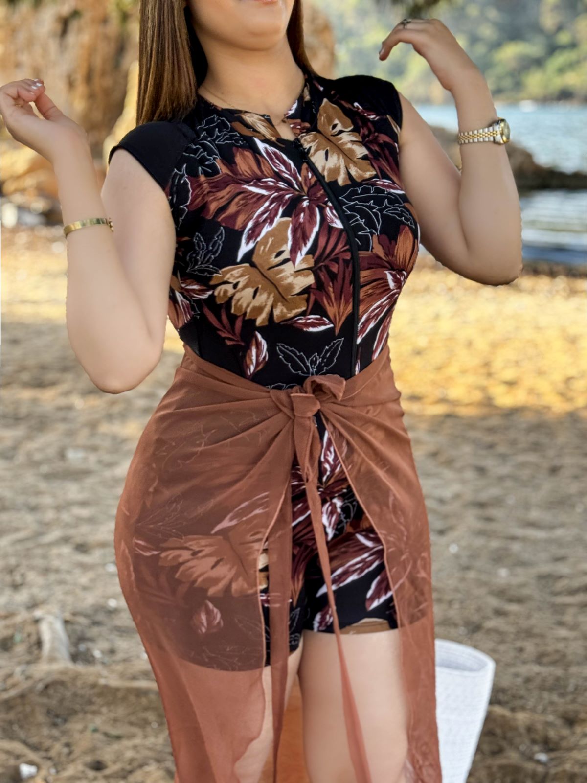 Maillot de bain 2 pièces combi marron paréo marron NEREA
