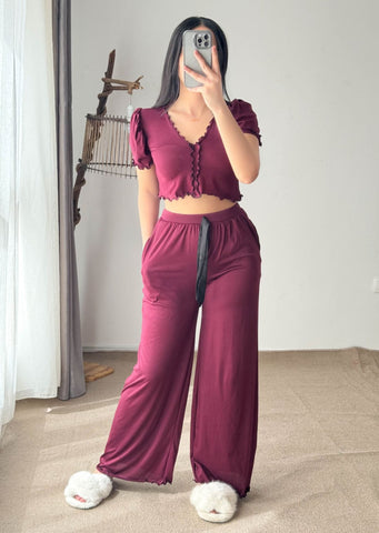 Pyjama crop-top demi manche bordeaux femme LIATRIS