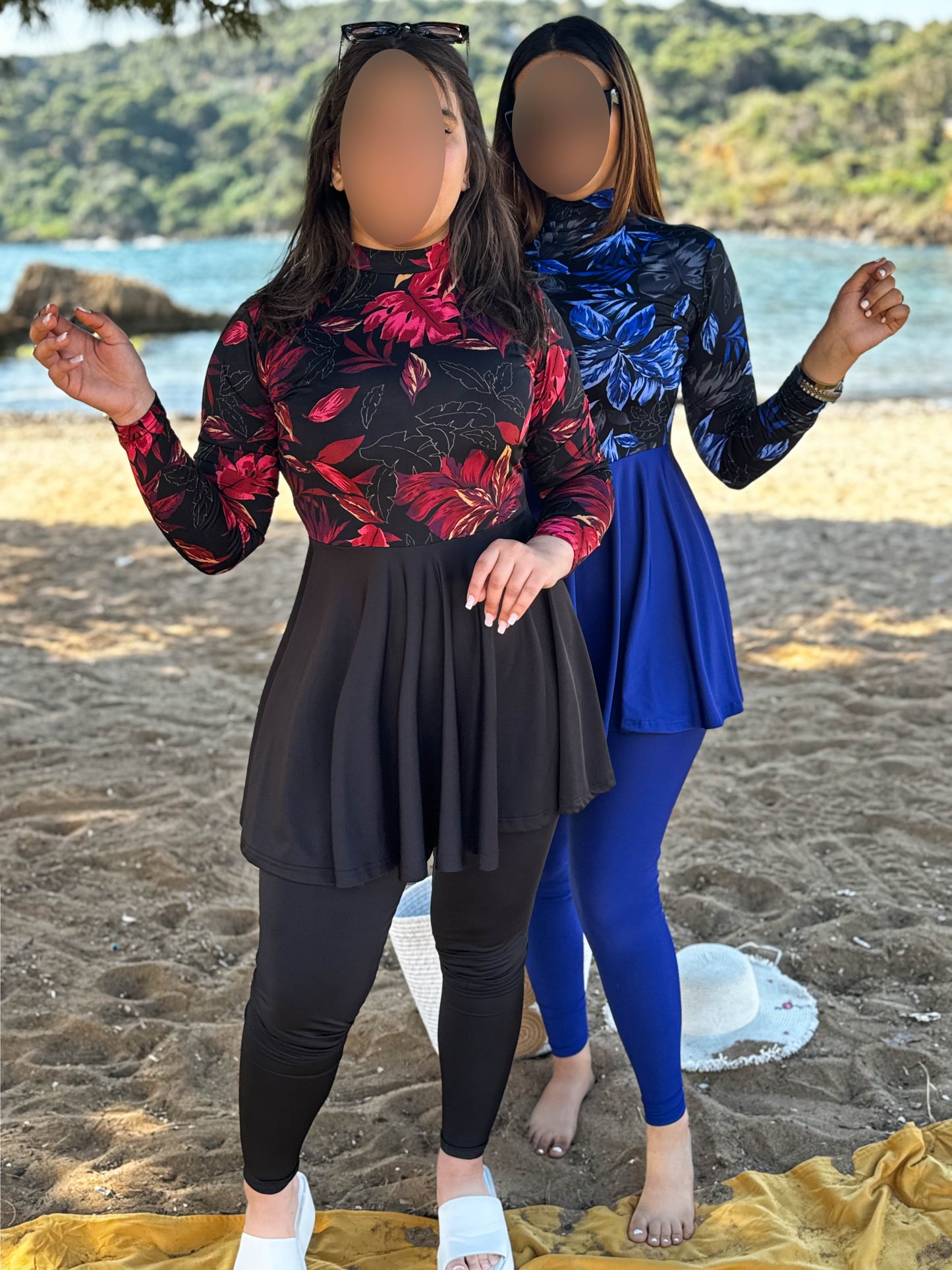 Burkini 3 pièces noir a motif rouge Océane