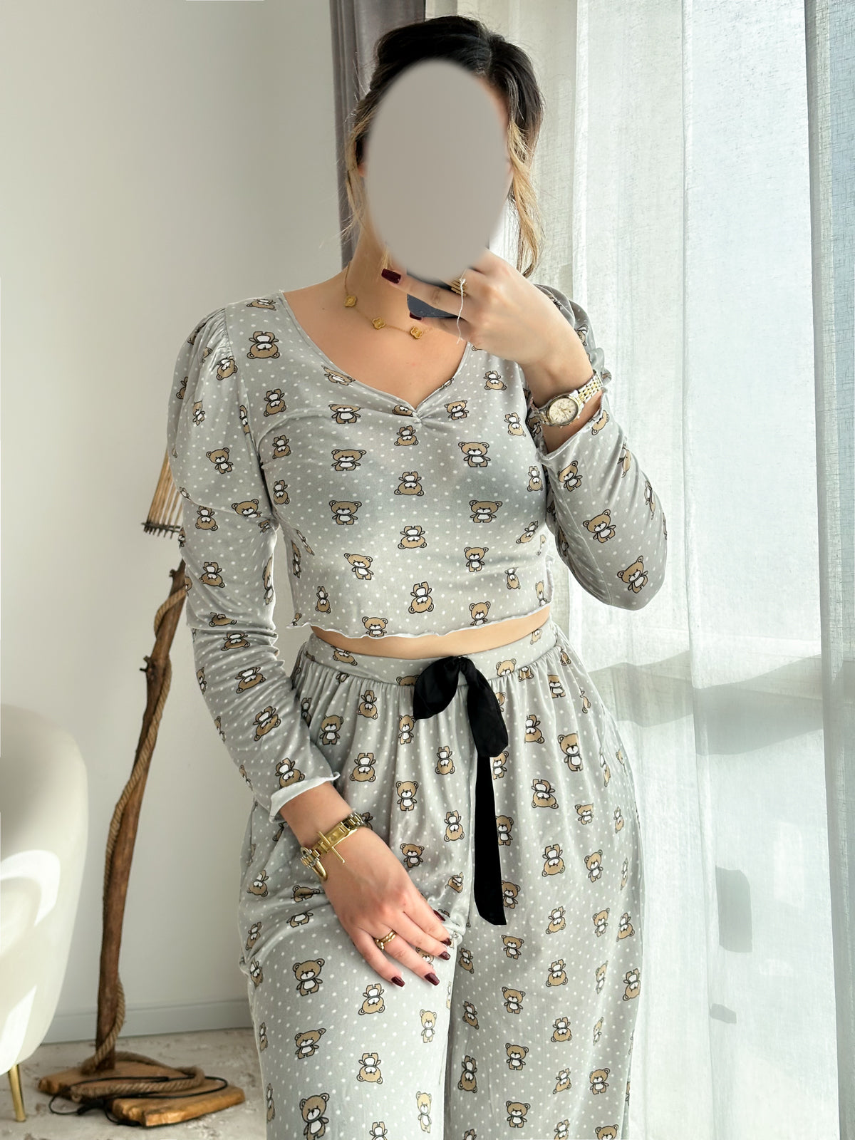 Pyjama crop-top gris clair a motife marron femme DEER