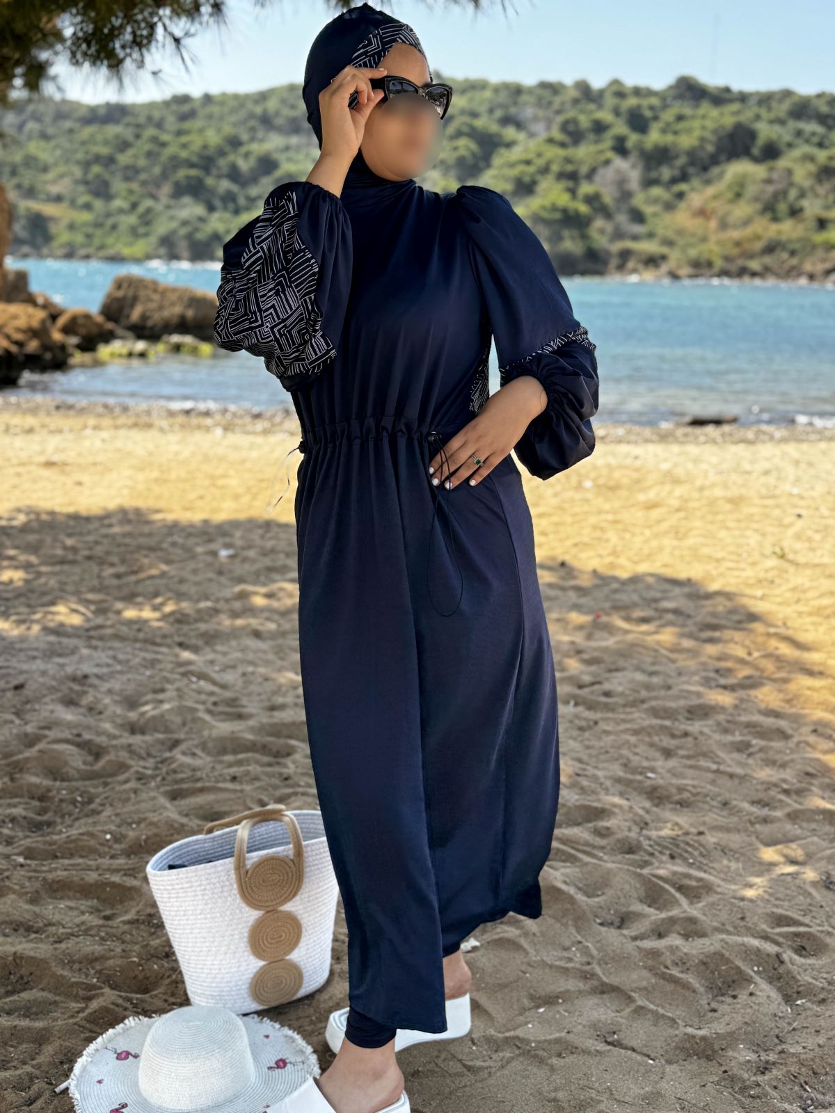Burkini 3 pièces bleu à motif blanc TESSA