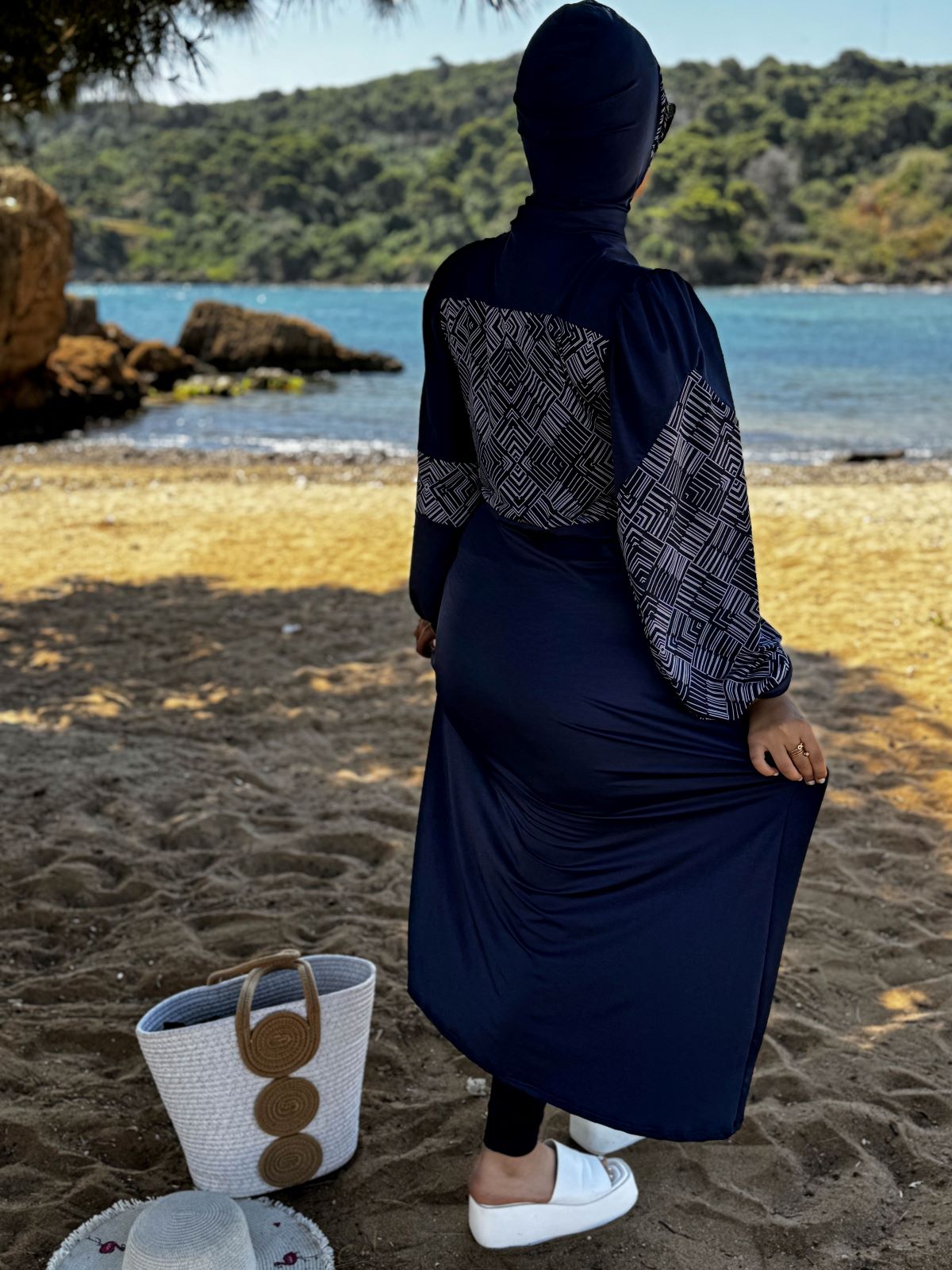 Burkini 3 pièces bleu à motif blanc TESSA