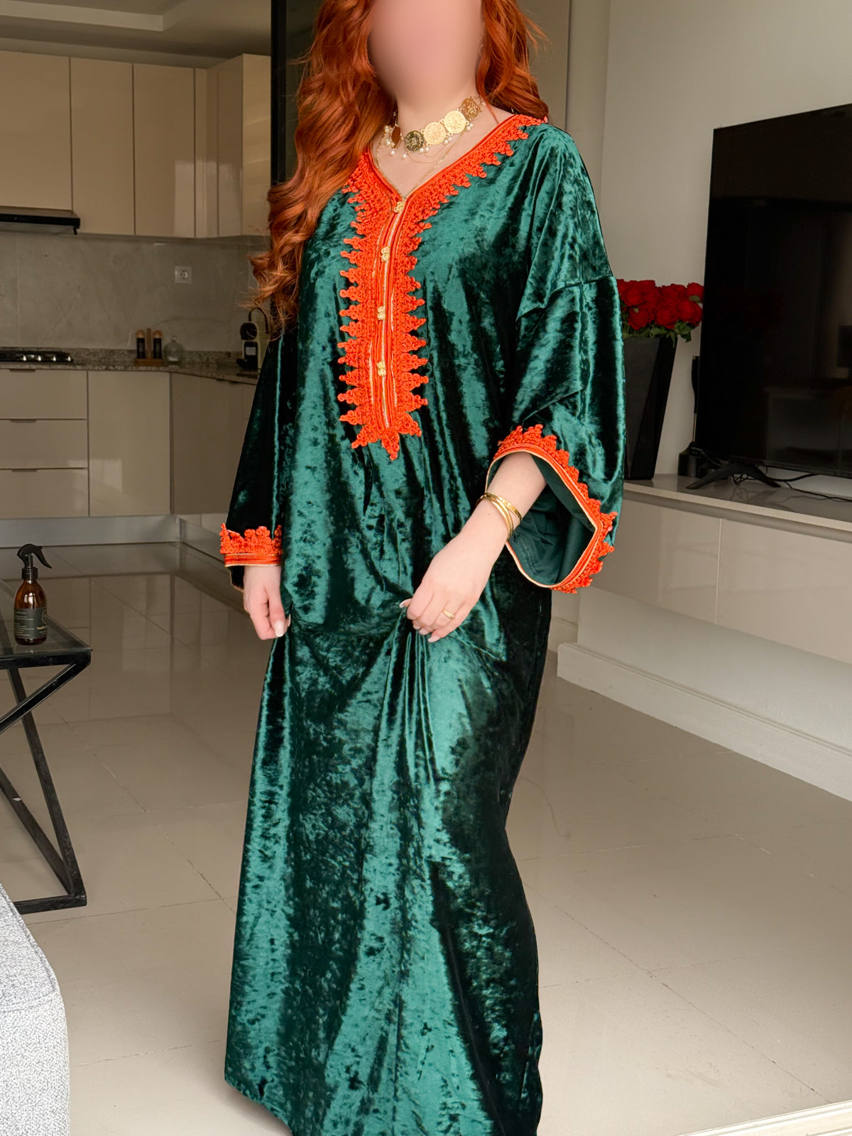 Jebba velours vert galon orange LINATA