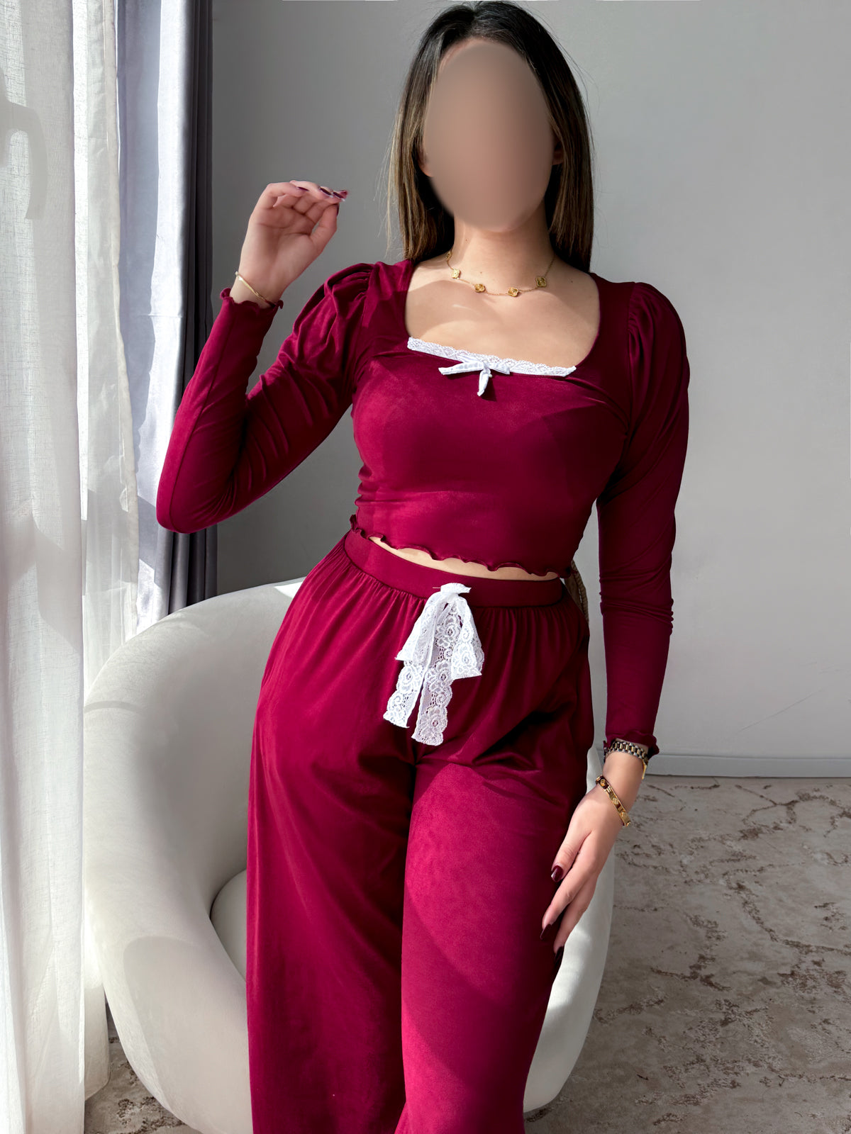 Pyjama crop-top bordeaux femme AMARANTE