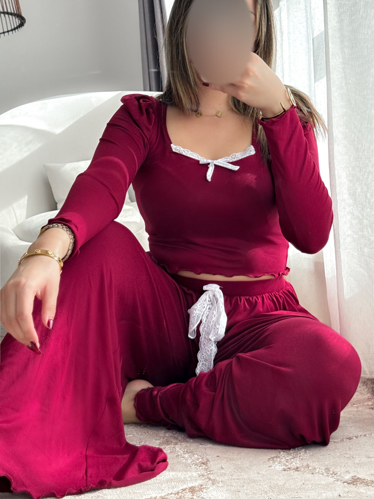 Pyjama crop-top bordeaux femme AMARANTE