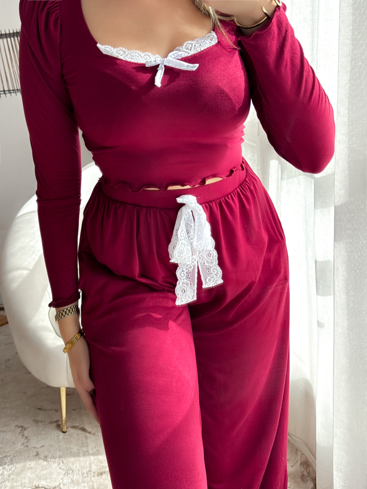 Pyjama crop-top bordeaux femme AMARANTE