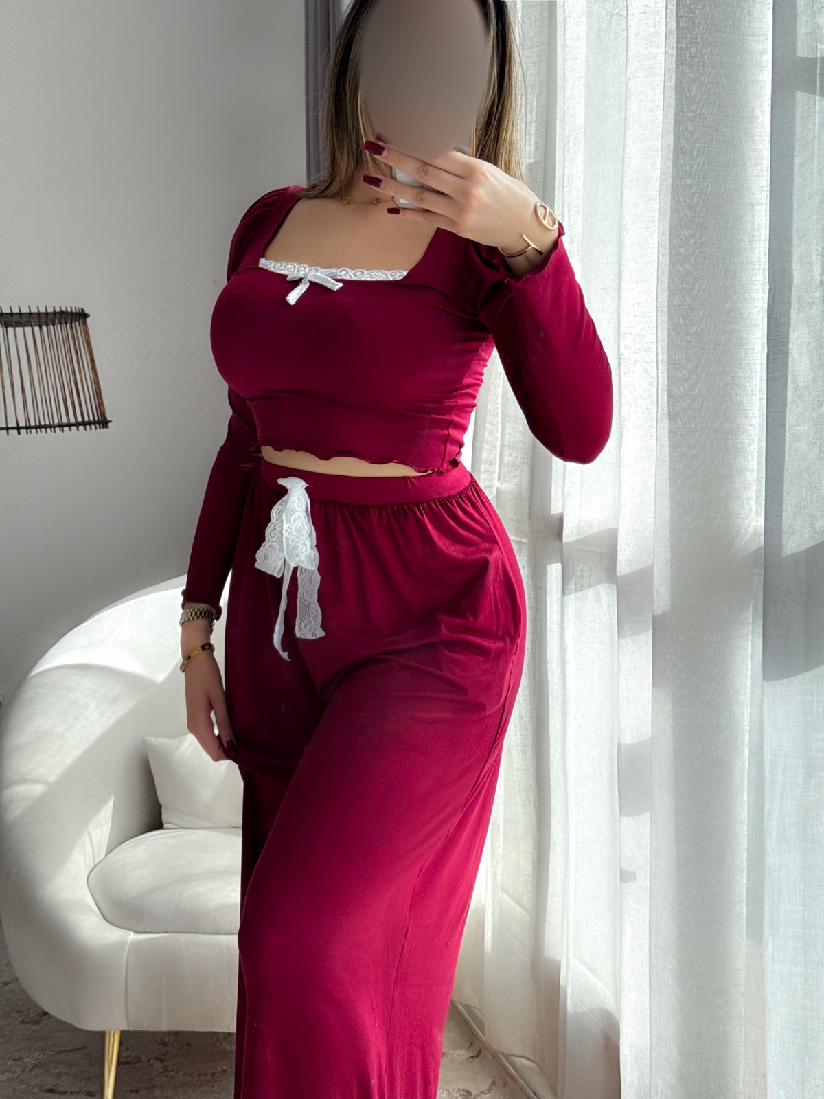 Pyjama crop-top bordeaux femme AMARANTE