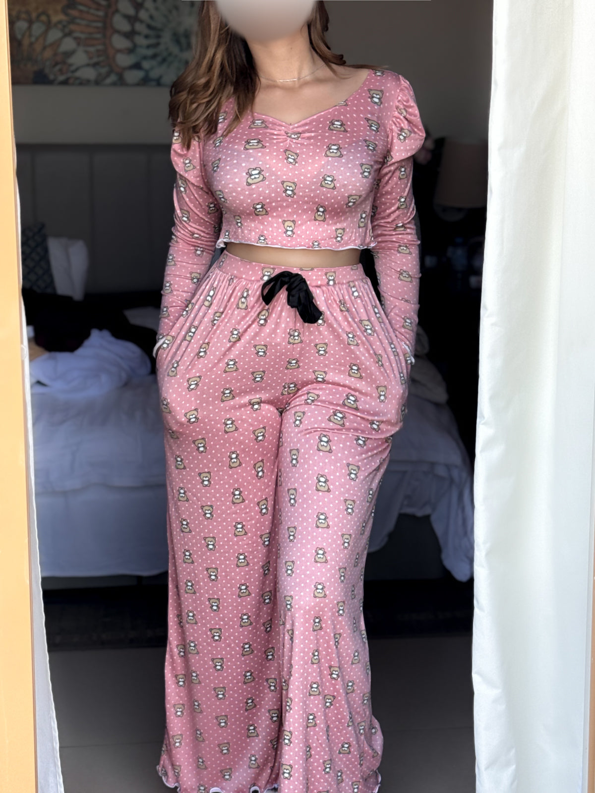 Pyjama crop-top rose clair a motife marron femme DEER