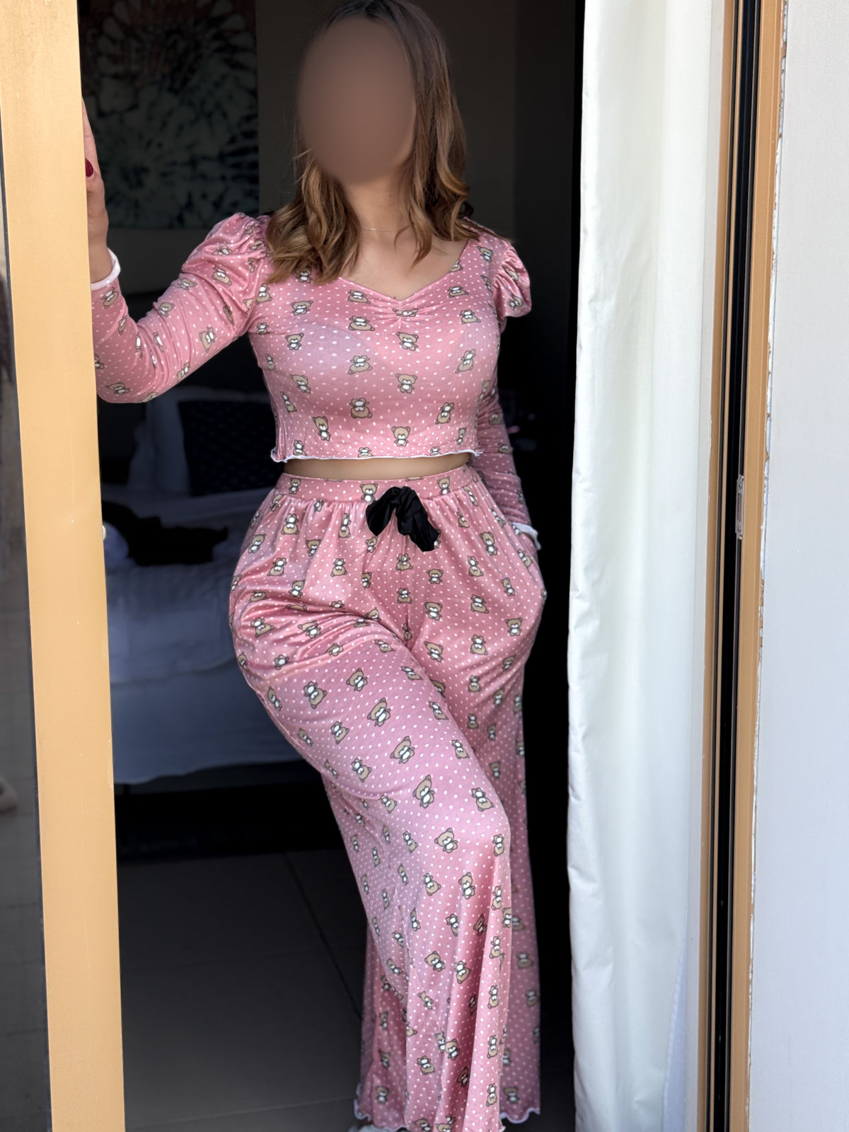 Pyjama crop-top rose clair a motife marron femme DEER