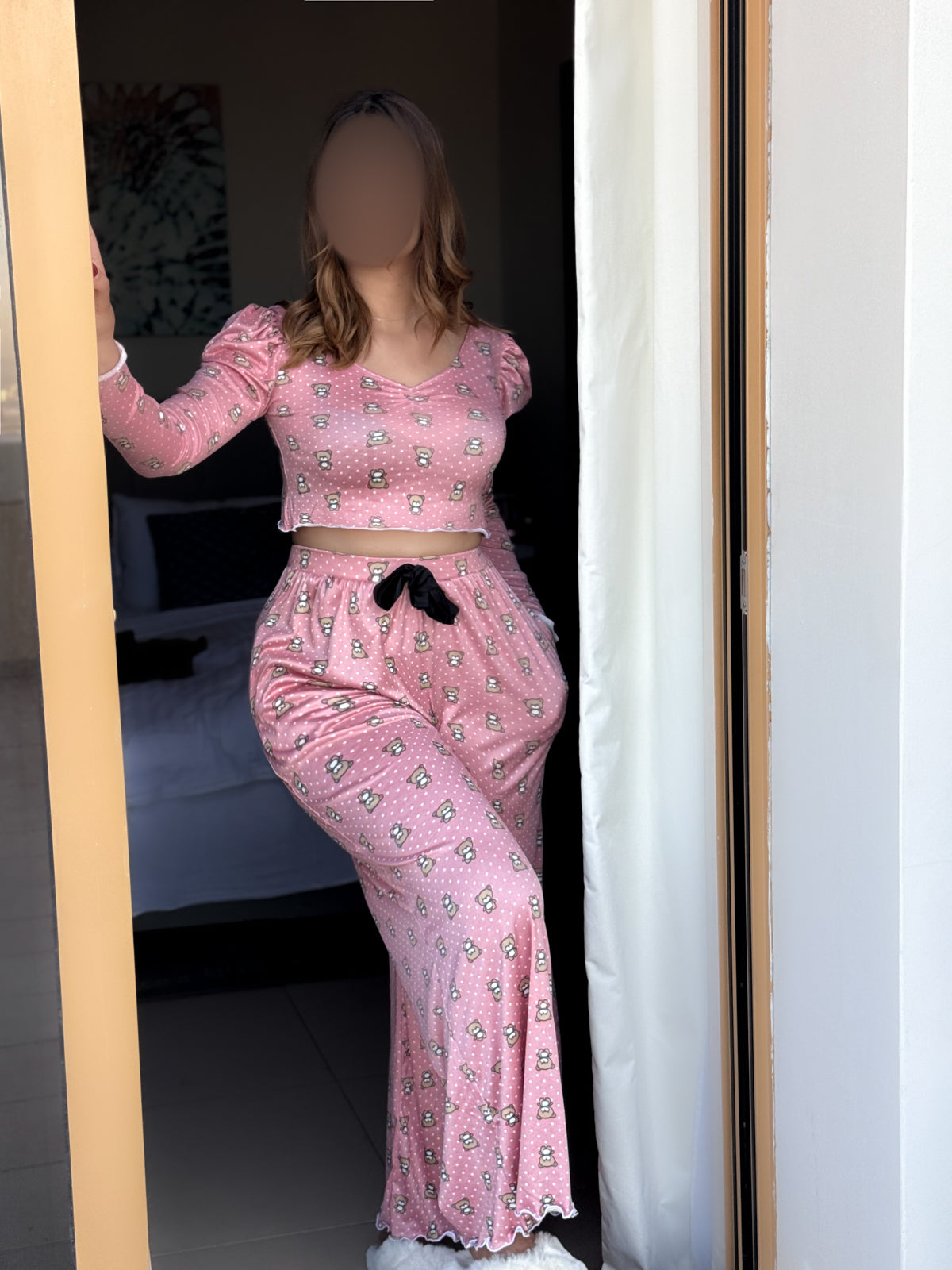 Pyjama crop-top rose clair a motife marron femme DEER