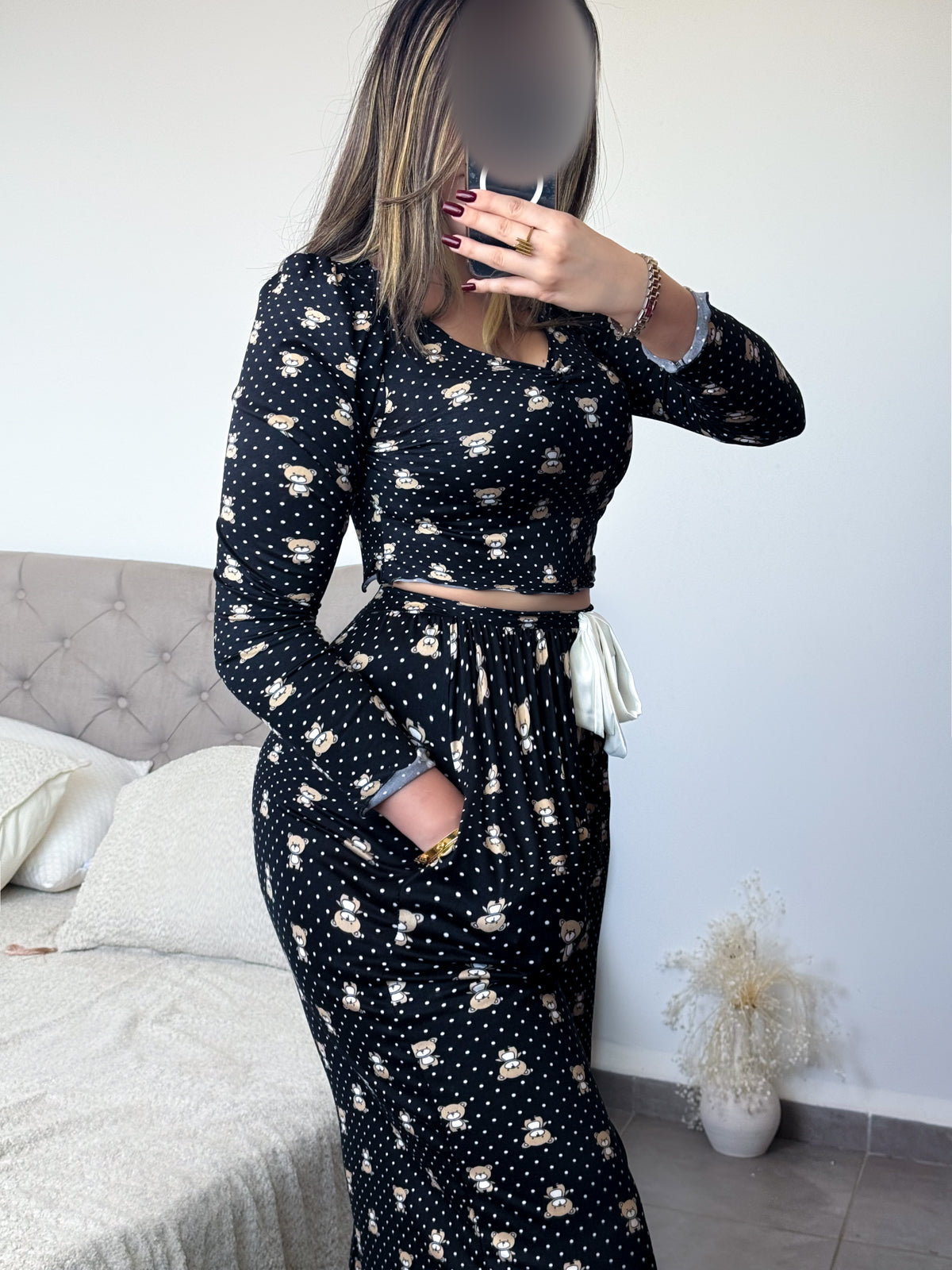 Pyjama crop-top noir a motif marron femme DEER