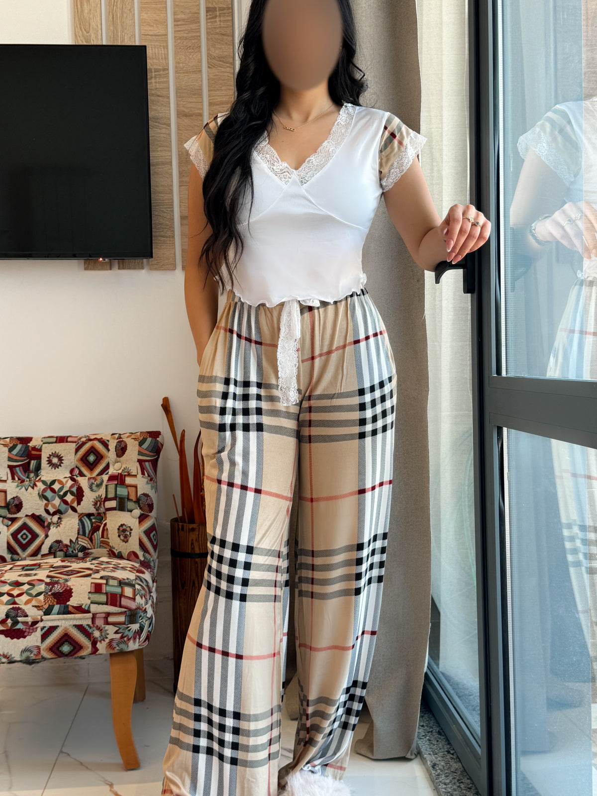 Pyjama demi manche pantalon a carreau beige ANITA